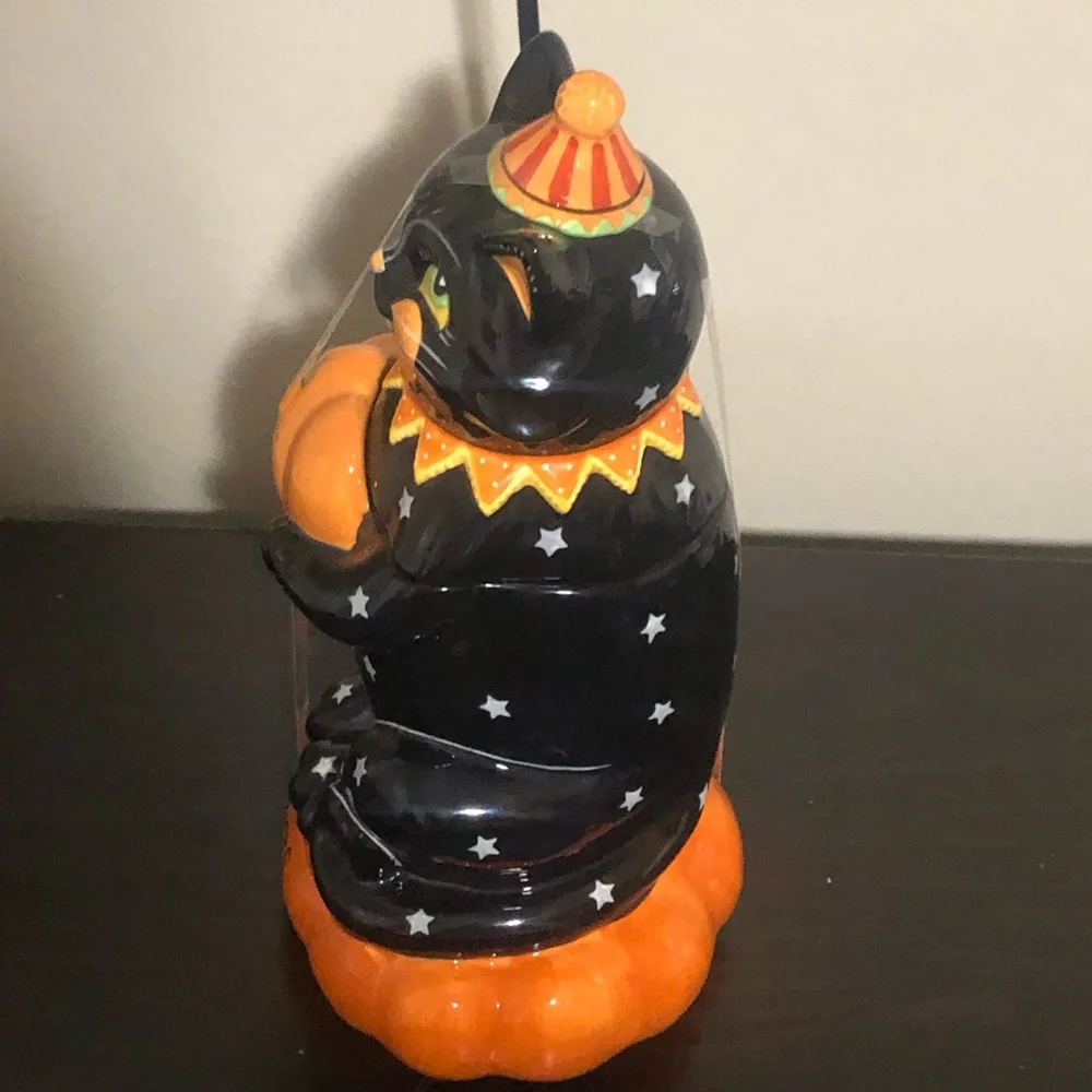 Blue Sky 12 in Ceramic Halloween Black Cat Cookie Jar with Lid Orange/White